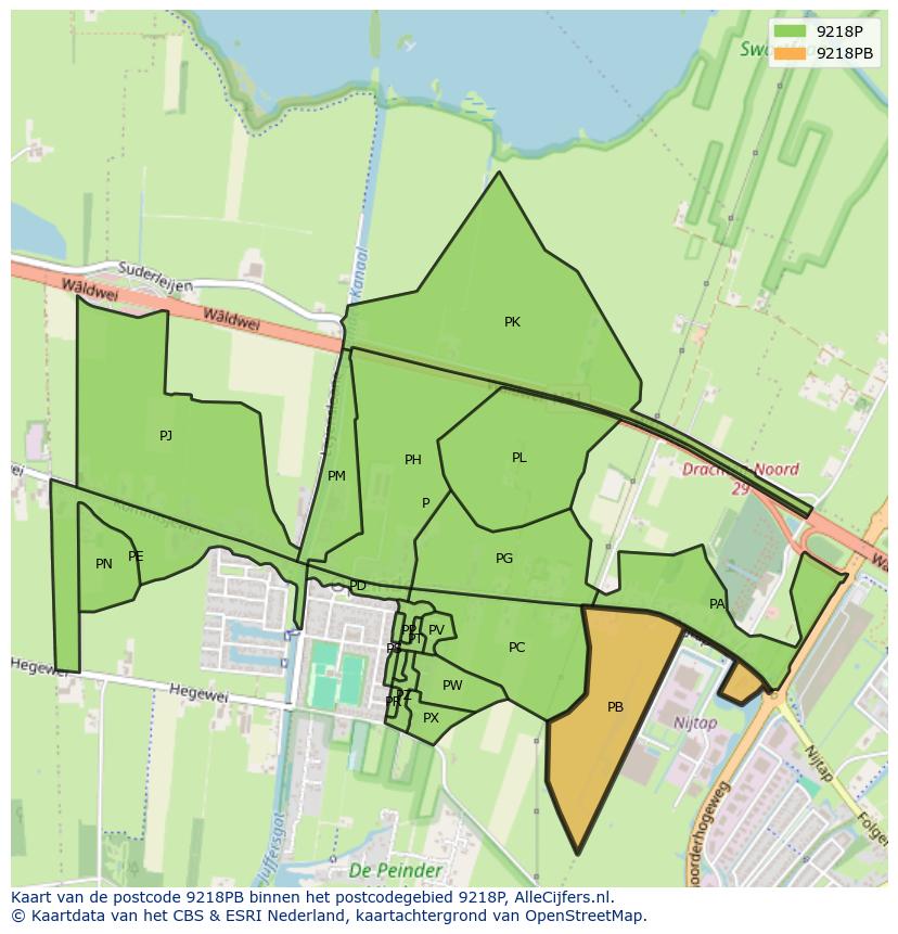 Afbeelding van het postcodegebied 9218 PB op de kaart.