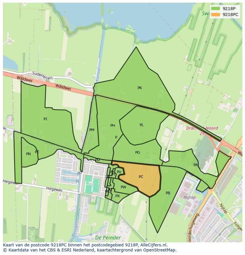 Afbeelding van het postcodegebied 9218 PC op de kaart.