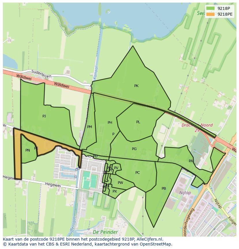 Afbeelding van het postcodegebied 9218 PE op de kaart.