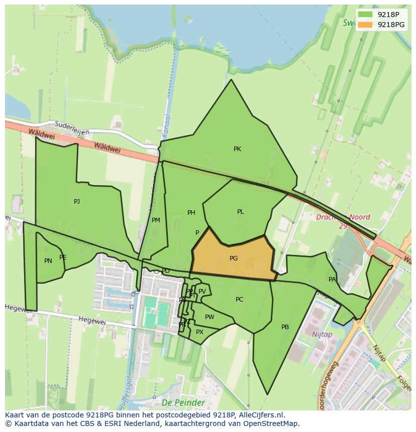 Afbeelding van het postcodegebied 9218 PG op de kaart.