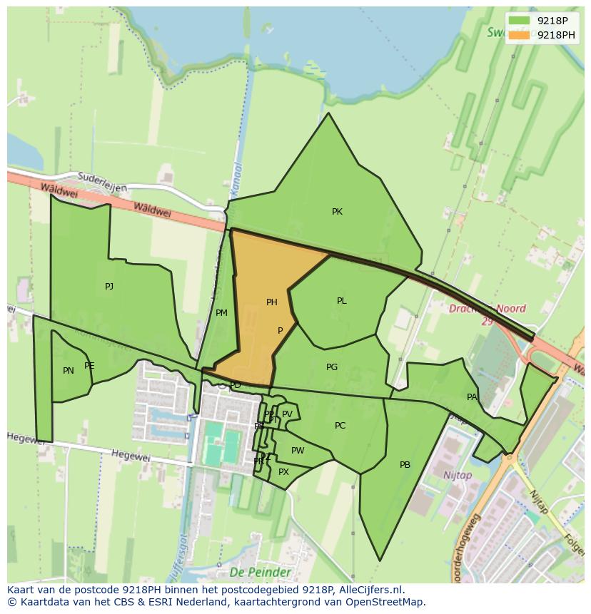 Afbeelding van het postcodegebied 9218 PH op de kaart.