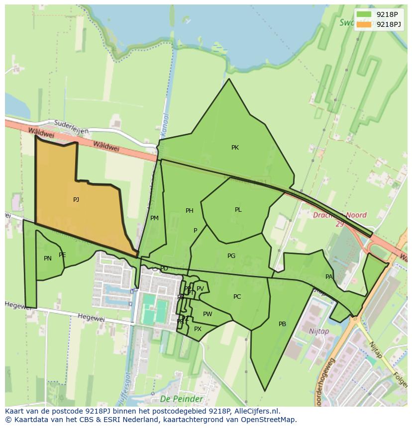 Afbeelding van het postcodegebied 9218 PJ op de kaart.