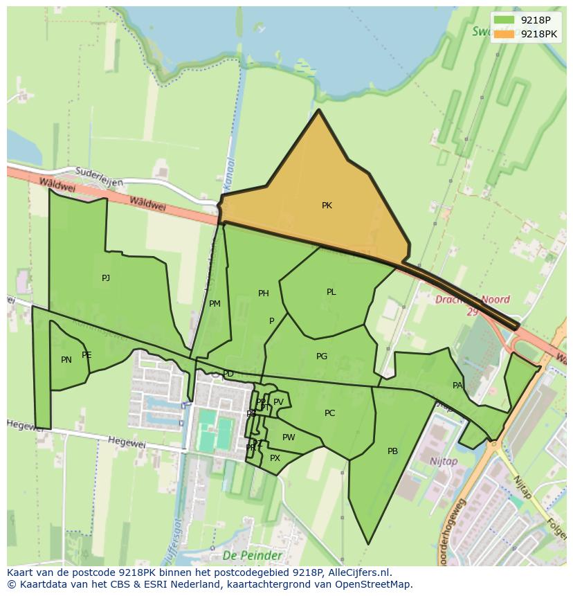 Afbeelding van het postcodegebied 9218 PK op de kaart.