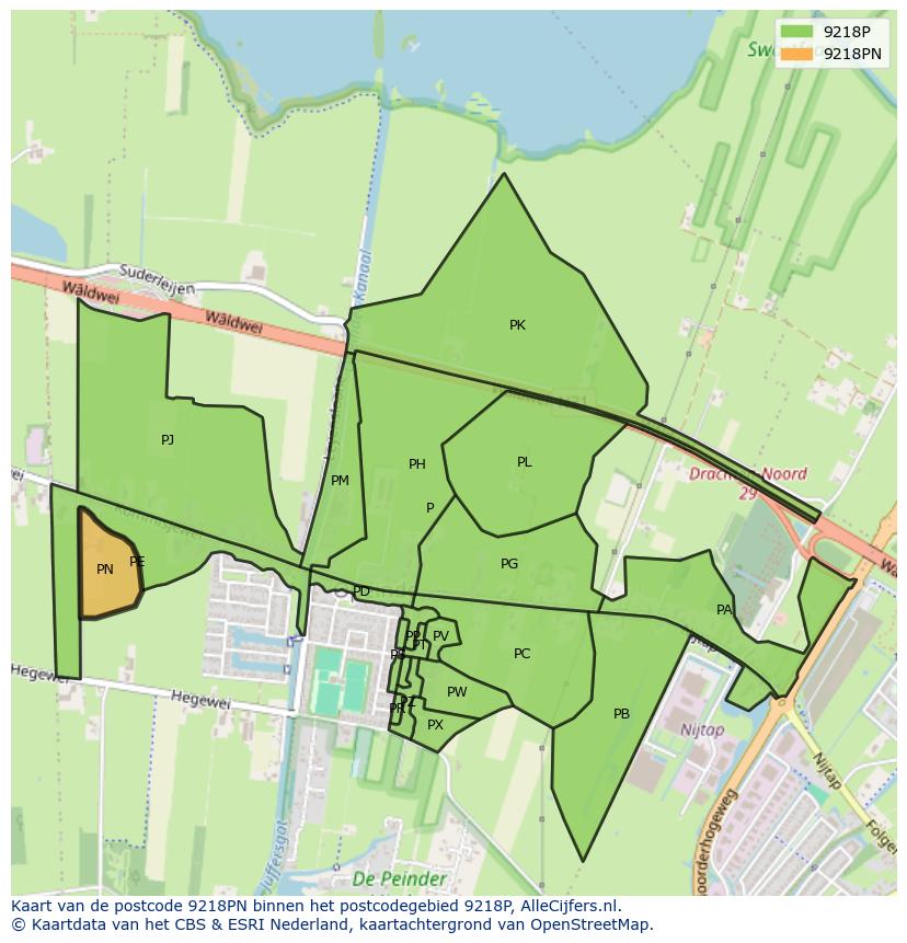 Afbeelding van het postcodegebied 9218 PN op de kaart.