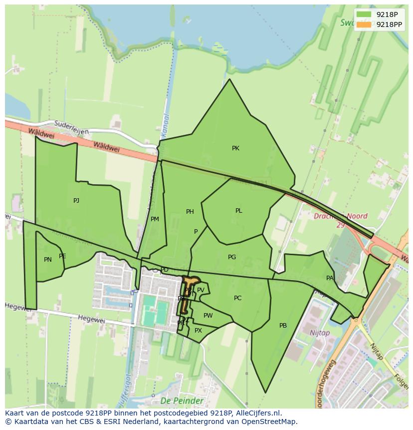 Afbeelding van het postcodegebied 9218 PP op de kaart.