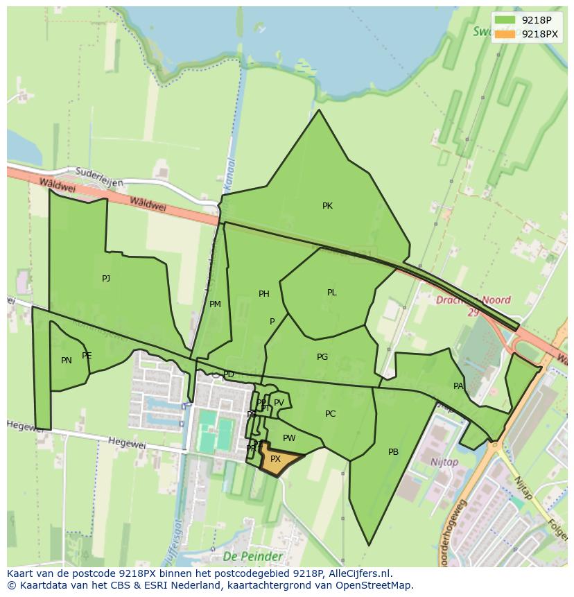 Afbeelding van het postcodegebied 9218 PX op de kaart.