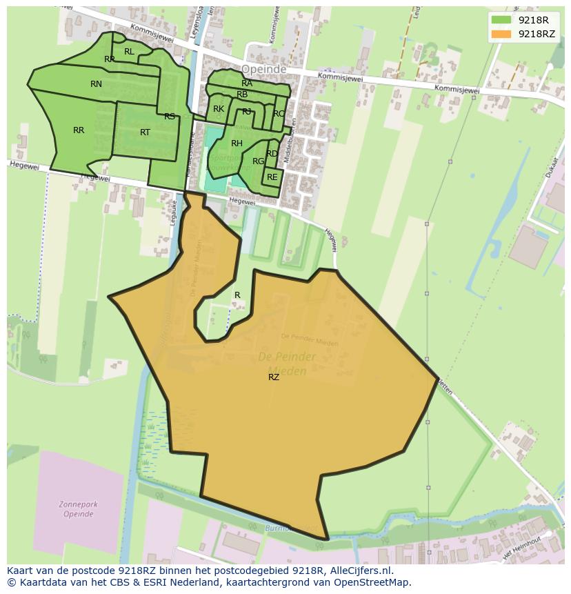 Afbeelding van het postcodegebied 9218 RZ op de kaart.
