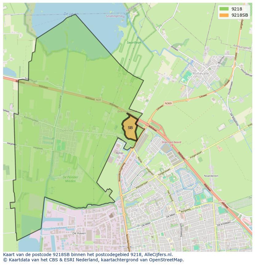 Afbeelding van het postcodegebied 9218 SB op de kaart.