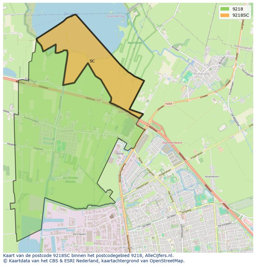 Afbeelding van het postcodegebied 9218 SC op de kaart.