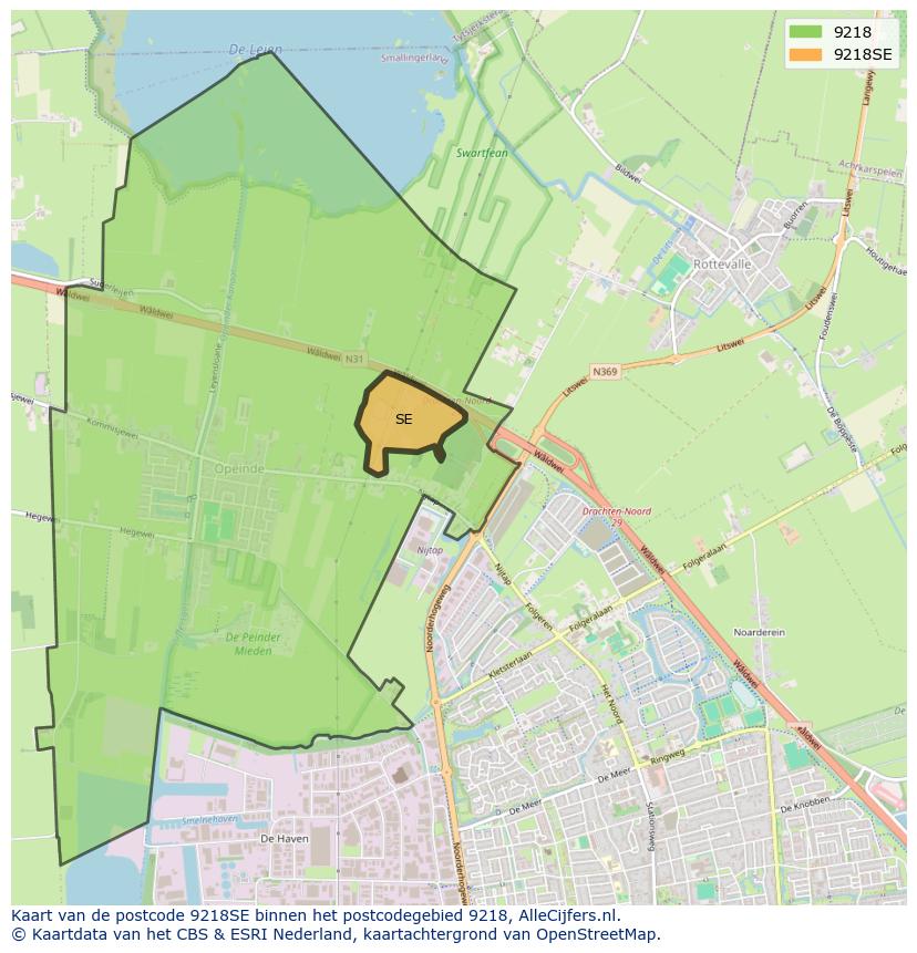 Afbeelding van het postcodegebied 9218 SE op de kaart.