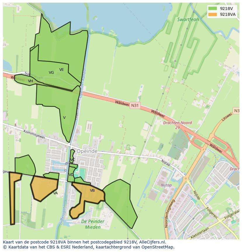 Afbeelding van het postcodegebied 9218 VA op de kaart.