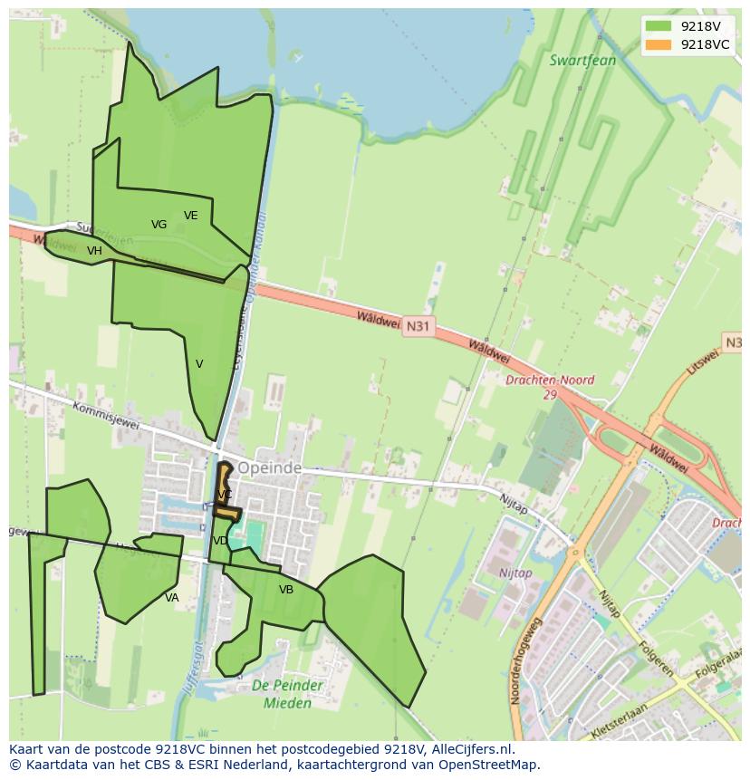 Afbeelding van het postcodegebied 9218 VC op de kaart.