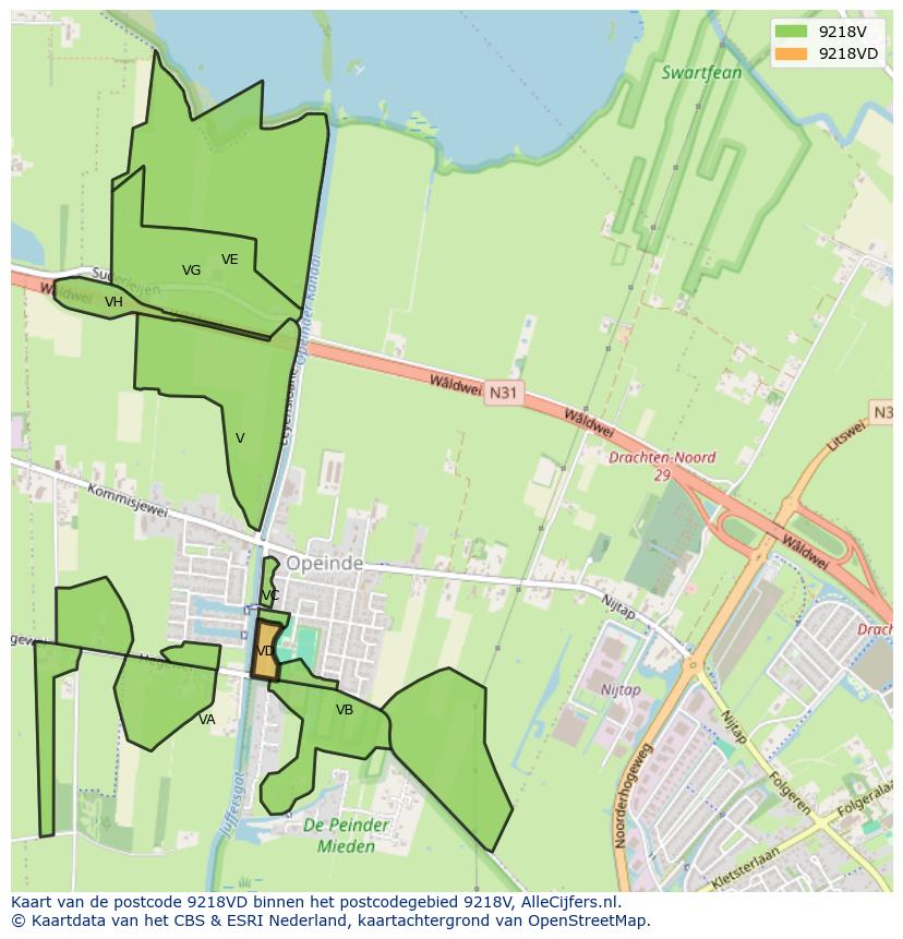 Afbeelding van het postcodegebied 9218 VD op de kaart.