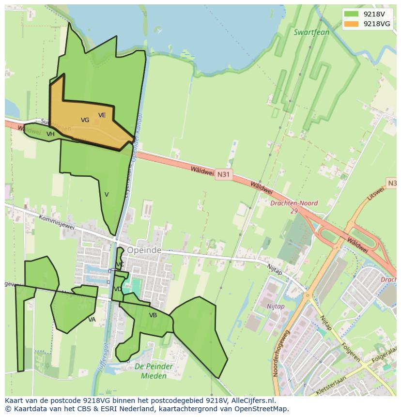 Afbeelding van het postcodegebied 9218 VG op de kaart.