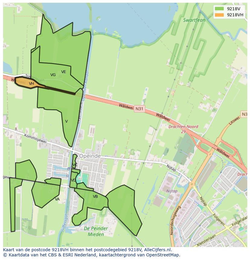 Afbeelding van het postcodegebied 9218 VH op de kaart.