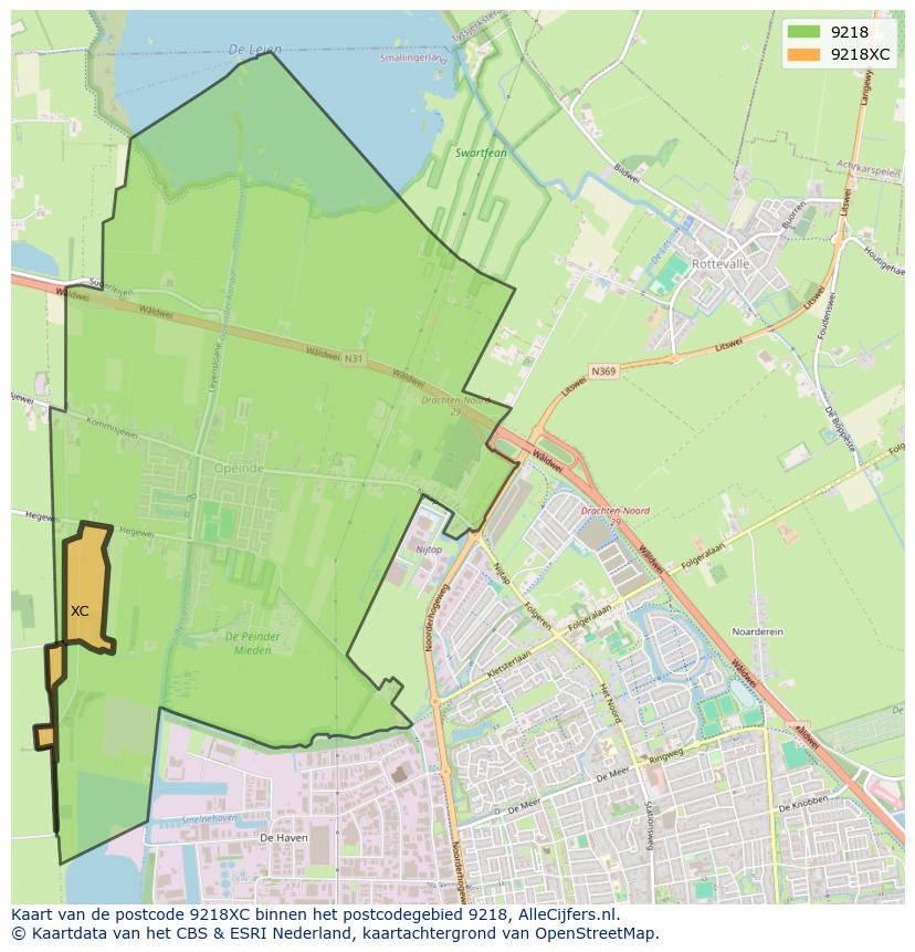 Afbeelding van het postcodegebied 9218 XC op de kaart.