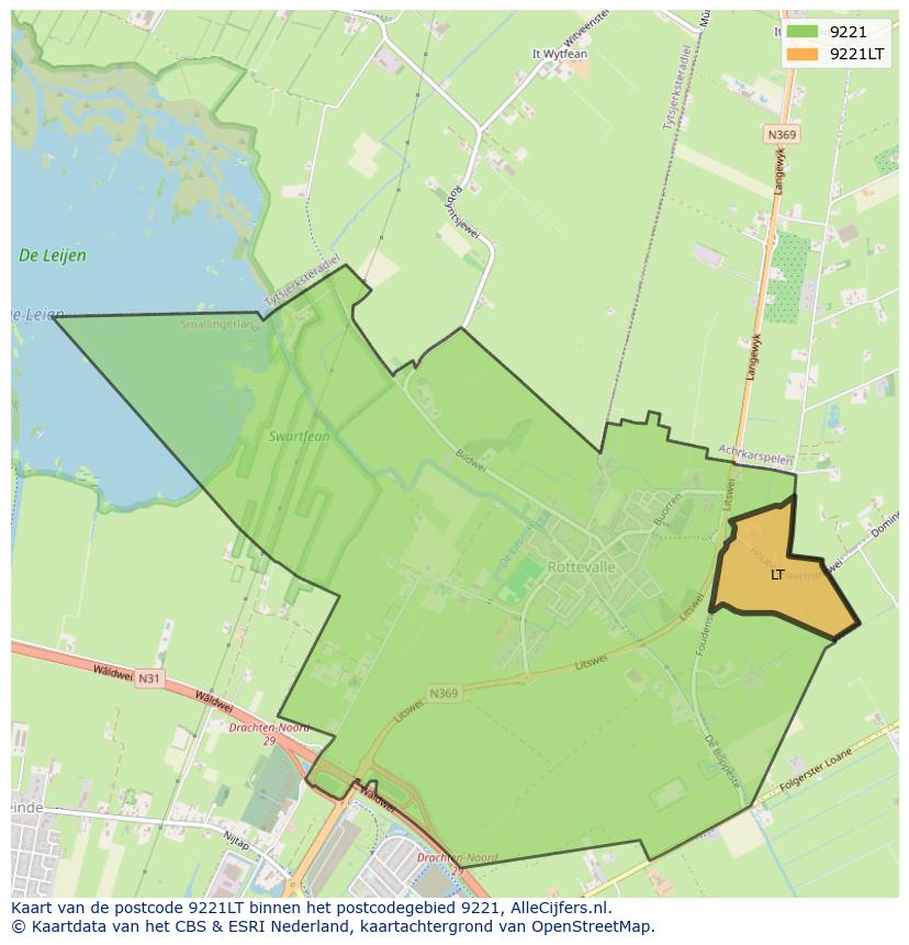 Afbeelding van het postcodegebied 9221 LT op de kaart.