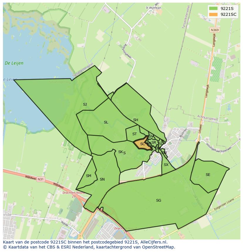 Afbeelding van het postcodegebied 9221 SC op de kaart.