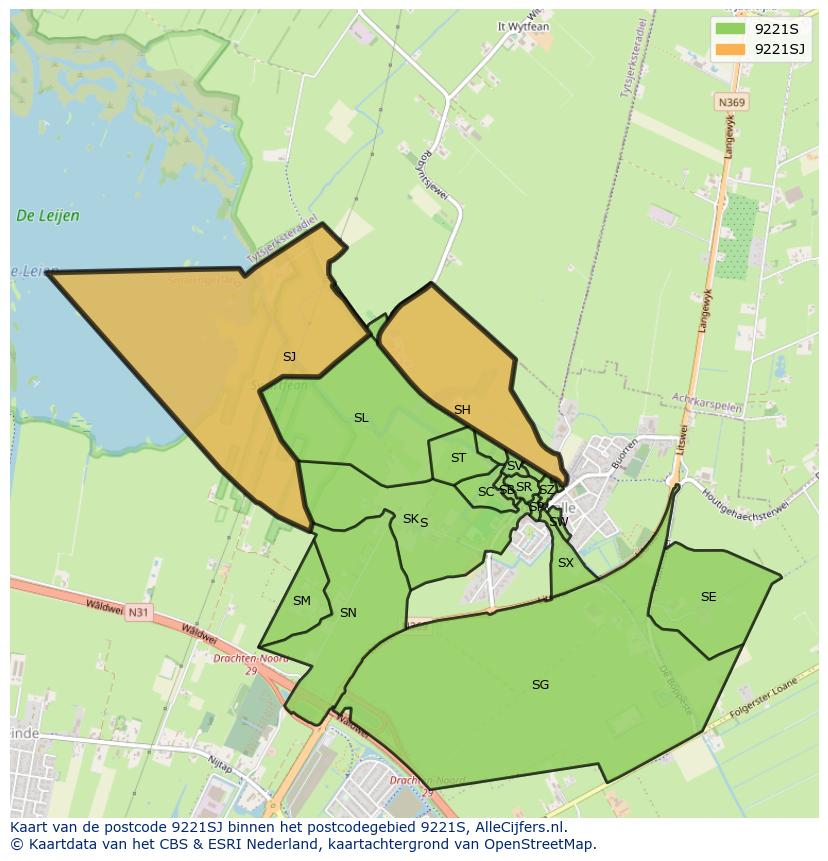 Afbeelding van het postcodegebied 9221 SJ op de kaart.
