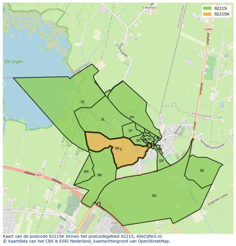 Afbeelding van het postcodegebied 9221 SK op de kaart.
