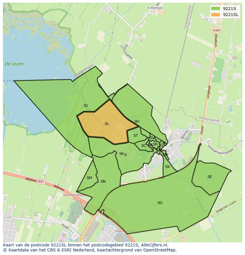Afbeelding van het postcodegebied 9221 SL op de kaart.