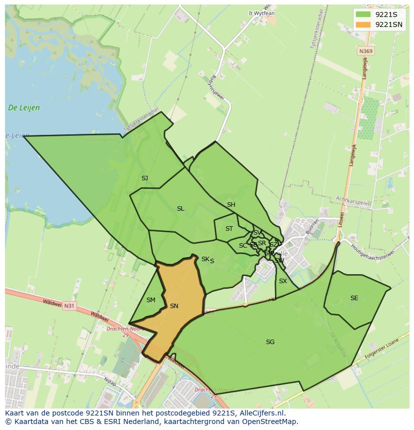 Afbeelding van het postcodegebied 9221 SN op de kaart.
