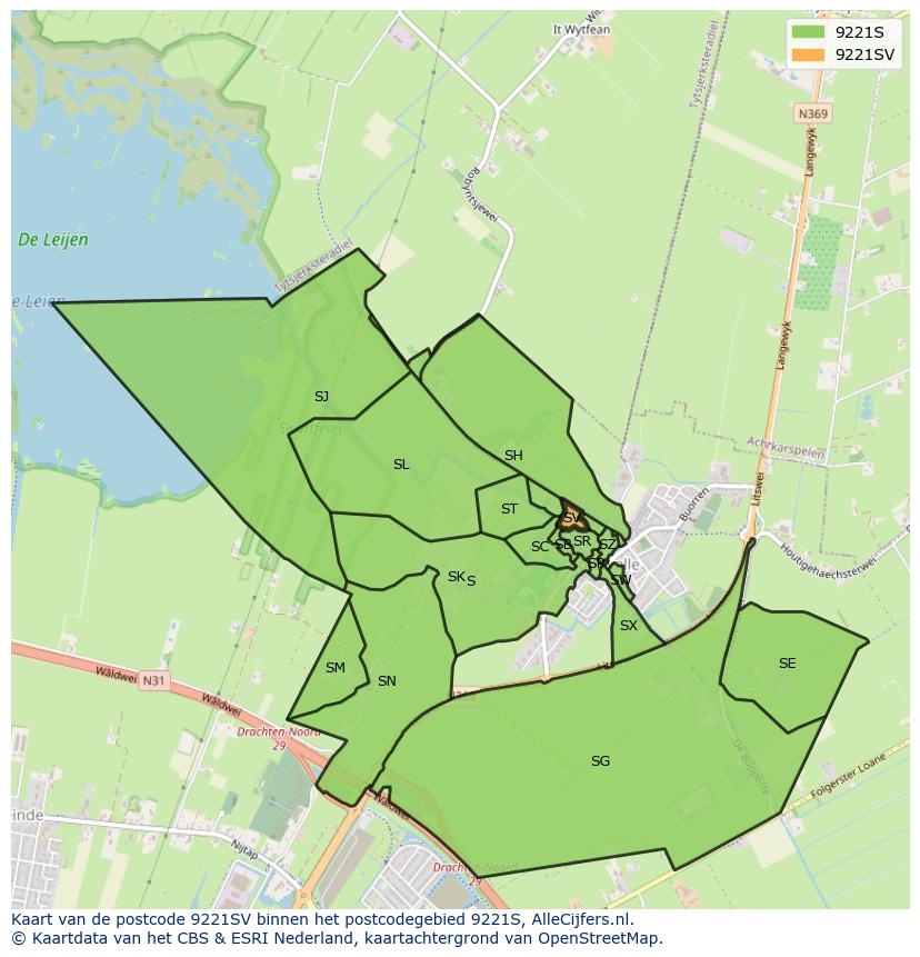 Afbeelding van het postcodegebied 9221 SV op de kaart.