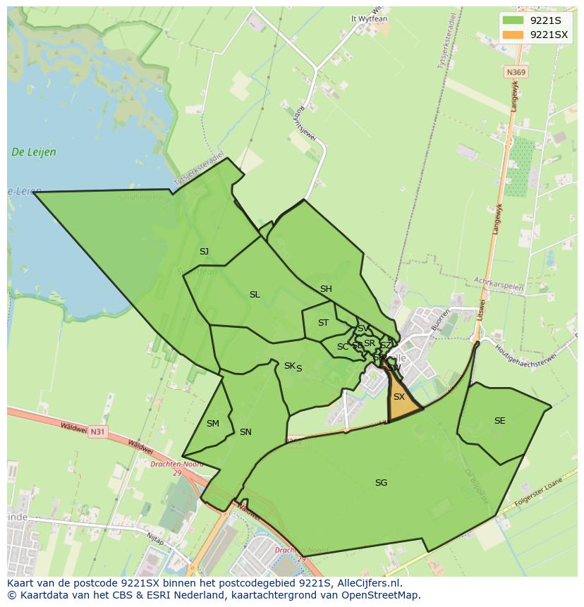 Afbeelding van het postcodegebied 9221 SX op de kaart.