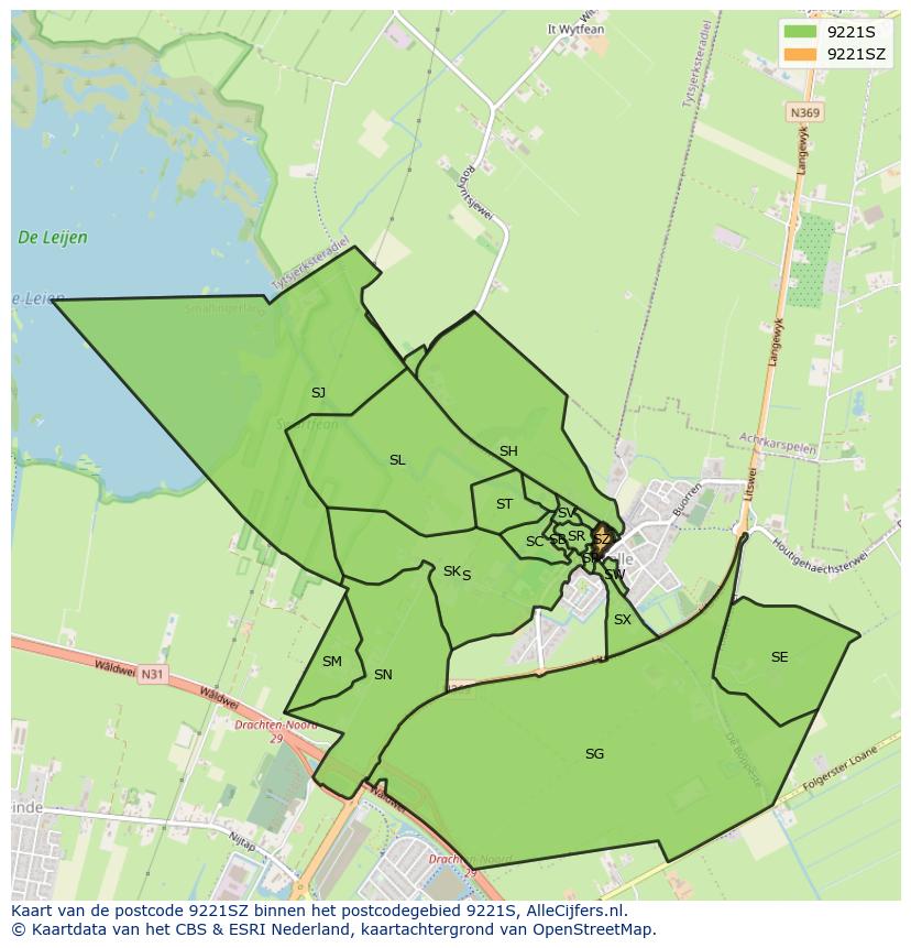 Afbeelding van het postcodegebied 9221 SZ op de kaart.