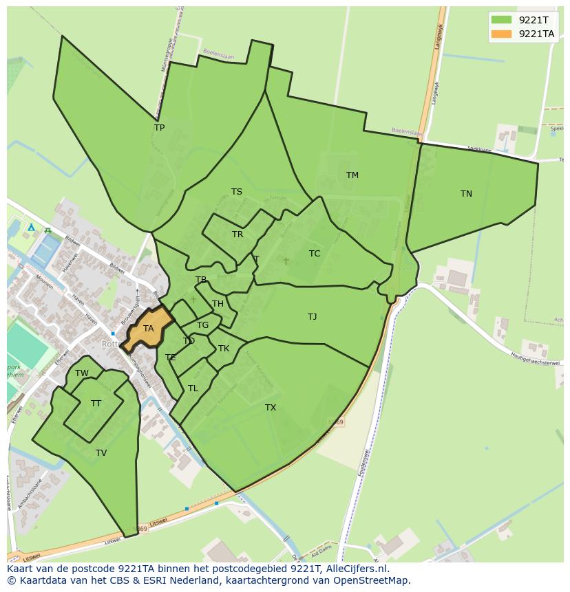 Afbeelding van het postcodegebied 9221 TA op de kaart.