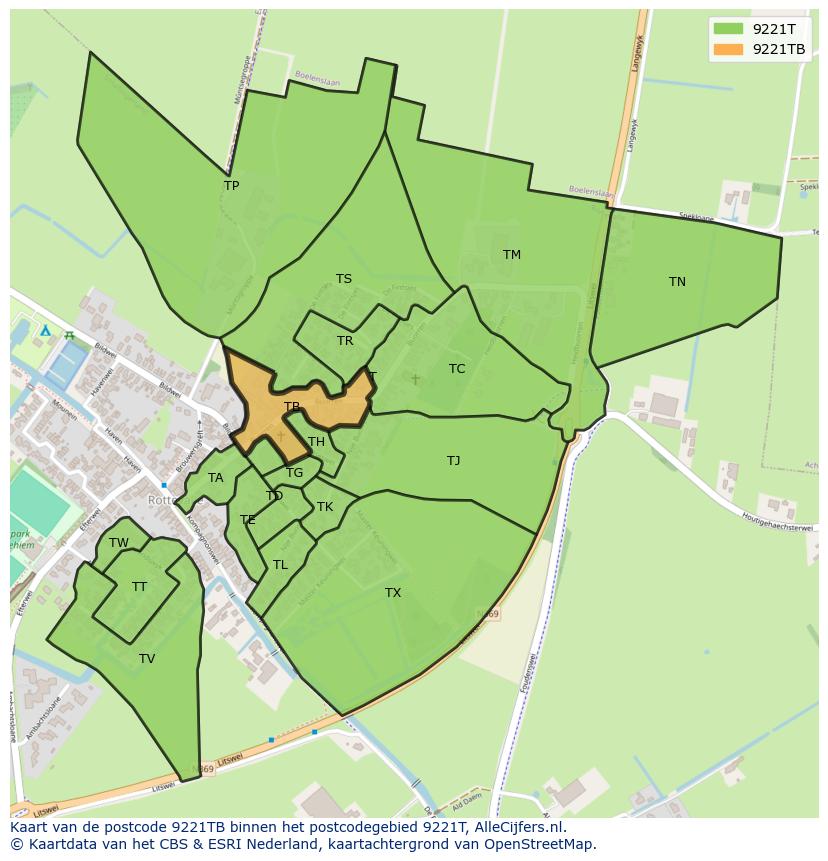 Afbeelding van het postcodegebied 9221 TB op de kaart.