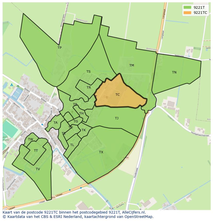 Afbeelding van het postcodegebied 9221 TC op de kaart.
