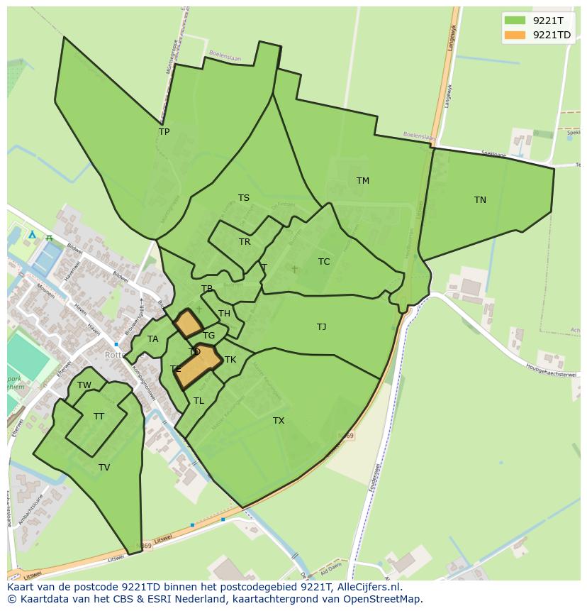 Afbeelding van het postcodegebied 9221 TD op de kaart.