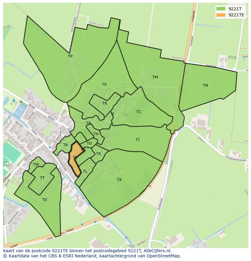Afbeelding van het postcodegebied 9221 TE op de kaart.