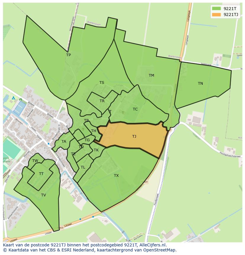 Afbeelding van het postcodegebied 9221 TJ op de kaart.