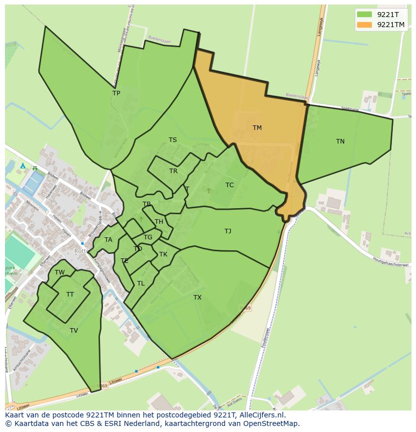 Afbeelding van het postcodegebied 9221 TM op de kaart.
