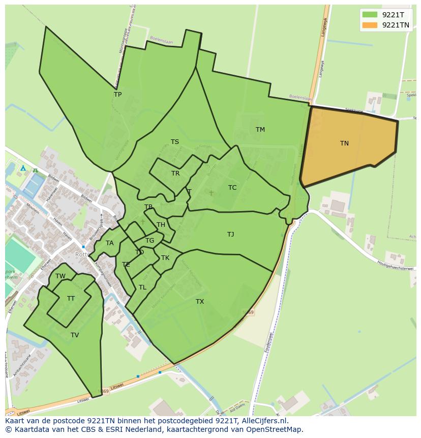 Afbeelding van het postcodegebied 9221 TN op de kaart.