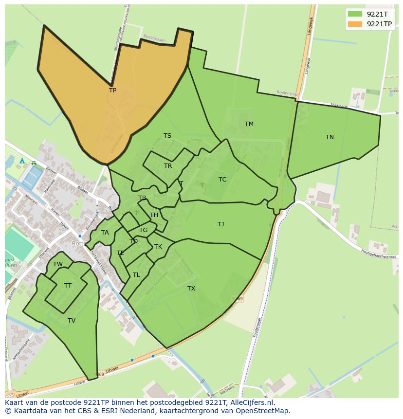 Afbeelding van het postcodegebied 9221 TP op de kaart.