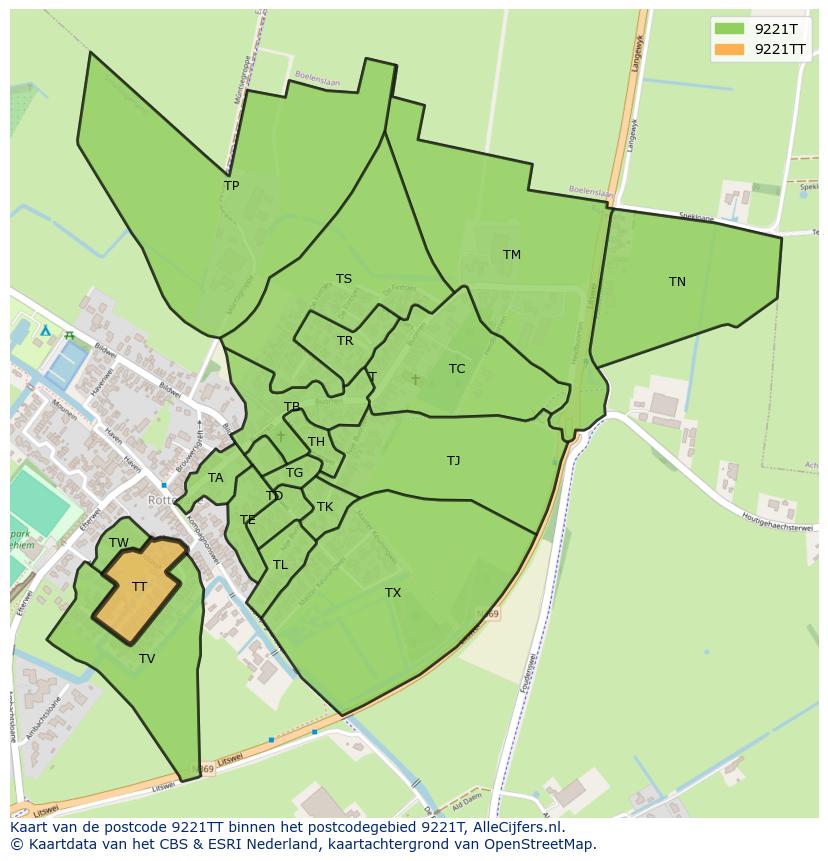 Afbeelding van het postcodegebied 9221 TT op de kaart.