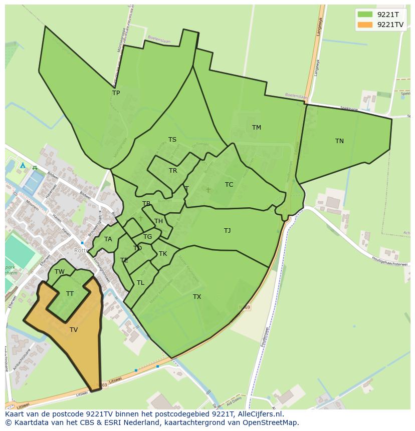 Afbeelding van het postcodegebied 9221 TV op de kaart.