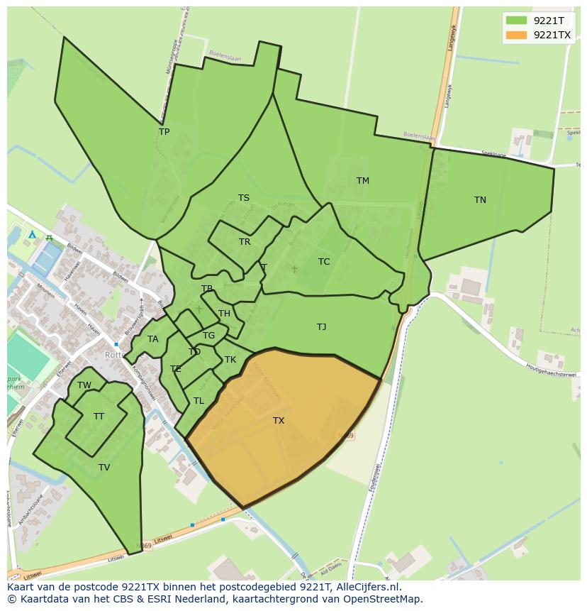 Afbeelding van het postcodegebied 9221 TX op de kaart.