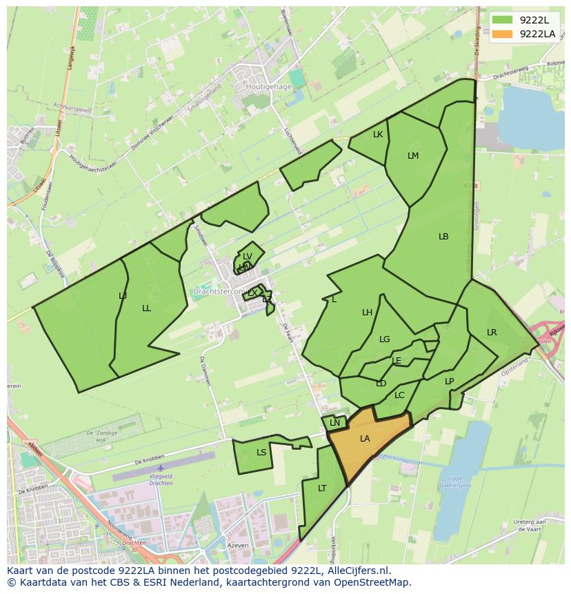 Afbeelding van het postcodegebied 9222 LA op de kaart.