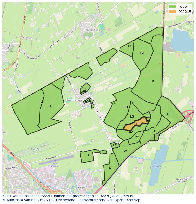 Afbeelding van het postcodegebied 9222 LE op de kaart.
