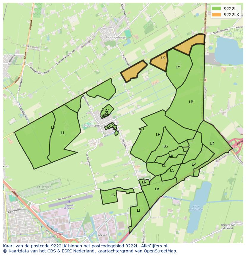 Afbeelding van het postcodegebied 9222 LK op de kaart.