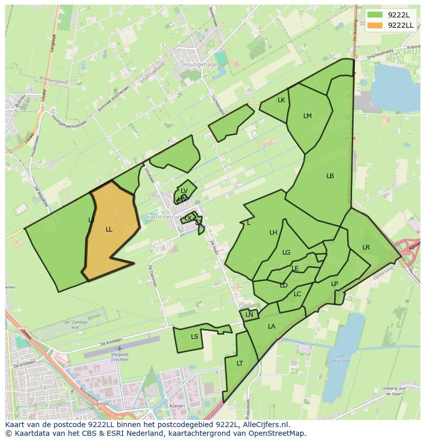 Afbeelding van het postcodegebied 9222 LL op de kaart.