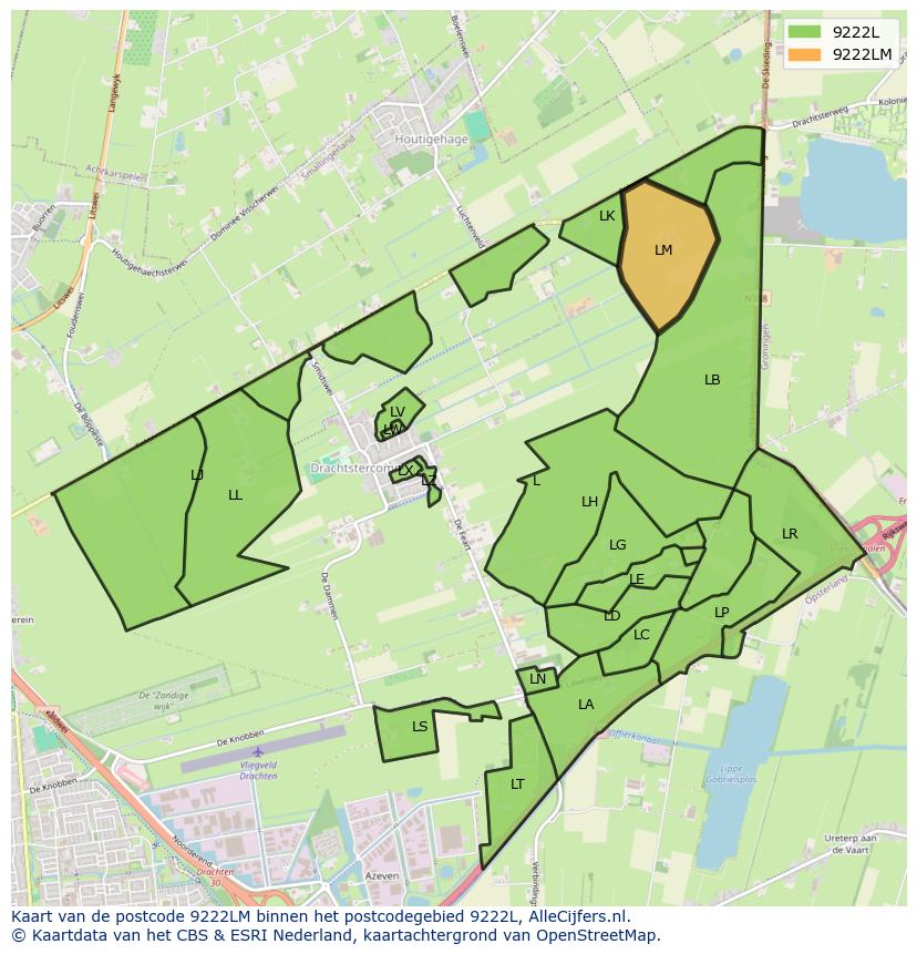 Afbeelding van het postcodegebied 9222 LM op de kaart.
