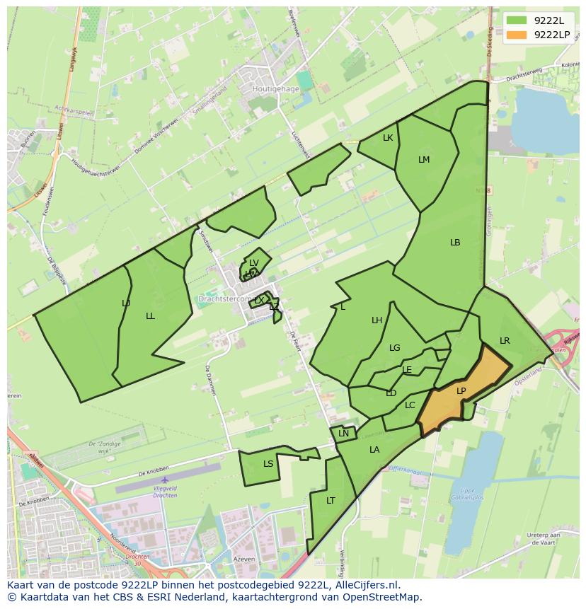 Afbeelding van het postcodegebied 9222 LP op de kaart.