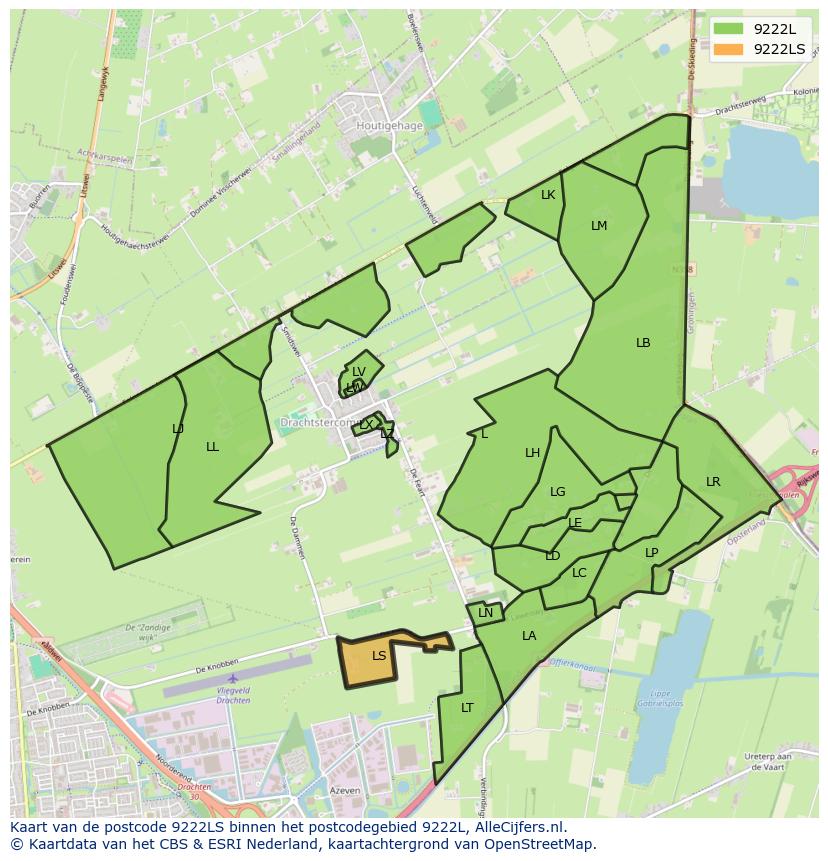 Afbeelding van het postcodegebied 9222 LS op de kaart.