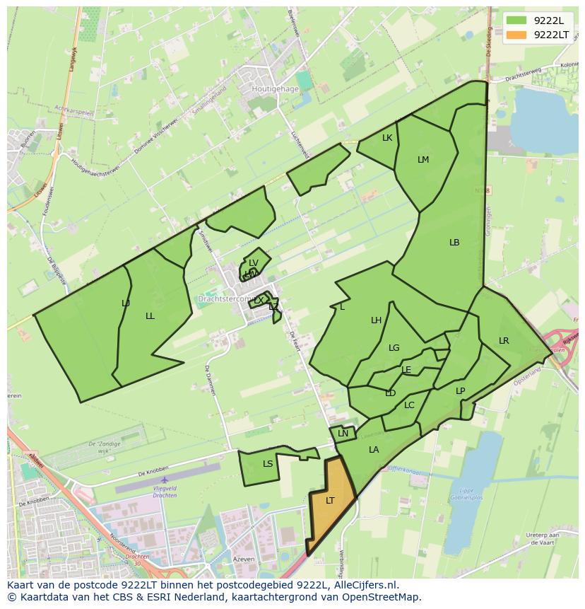 Afbeelding van het postcodegebied 9222 LT op de kaart.