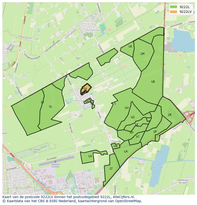 Afbeelding van het postcodegebied 9222 LV op de kaart.